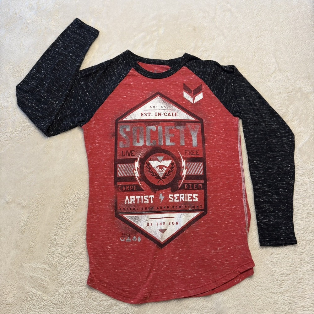 Society Of The Sun Graphic T-Shirt Mens M Red Gray MMX Burnout Aztec Buckle BKE